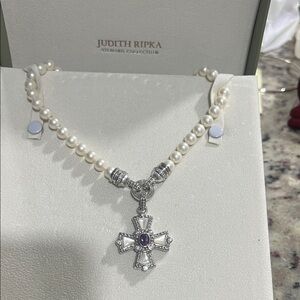 Judith Ripka White Pearl Necklace with Silver Cross and Purple Stone